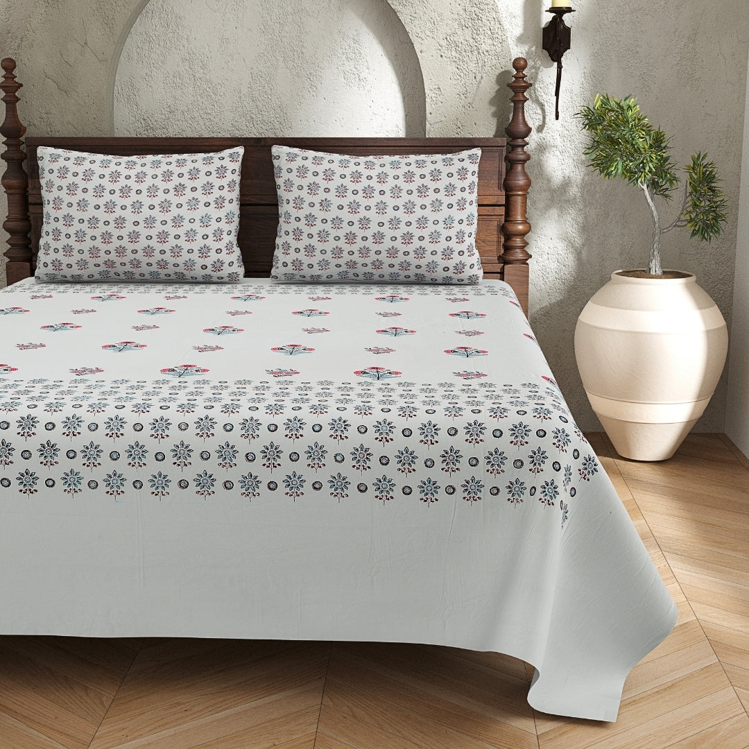 Pearl Grey Base Geometric Floral Block Print King Size 100% Best Pure Cotton Bedsheet