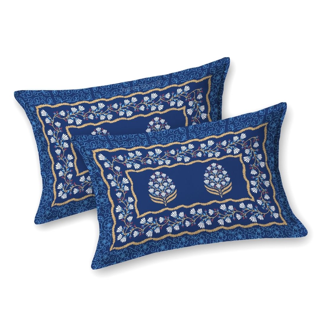 Floral Bunch Royal Blue Pure Cotton Khari Gold Work King Size Bedsheet – 240 TC