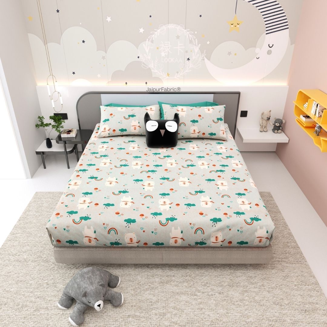 Playtime Pals Green Pastel Soft Cotton Kids Bed Sheet Combo of 2