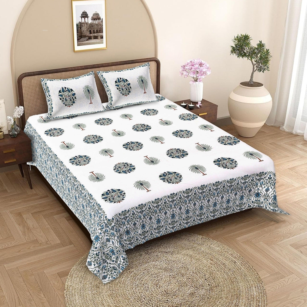 Palm Medallion Sage Navy Pure Cotton King Size Bedsheet