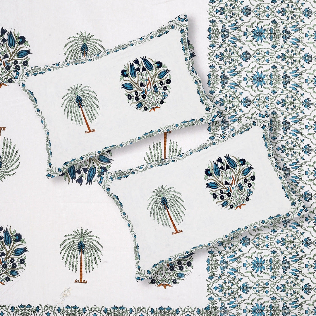 Palm Medallion Sage Navy Pure Cotton King Size Bedsheet