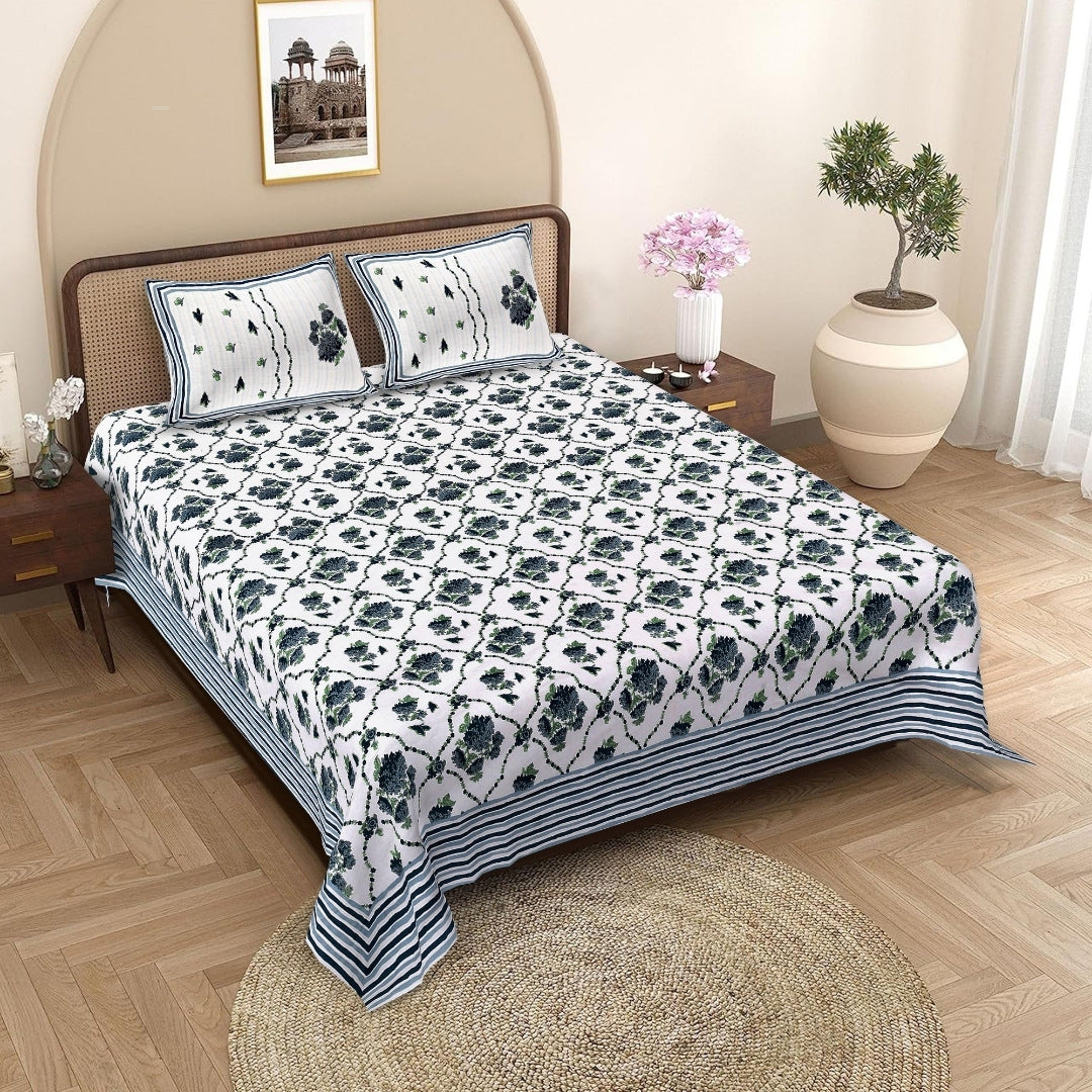 Trellis Bouquet Navy Pure Cotton King Size Bedsheet