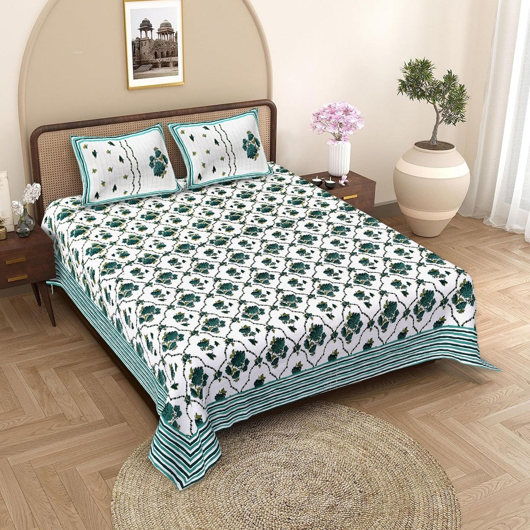 Trellis Bouquet Teal Pure Cotton King Size Bedsheet