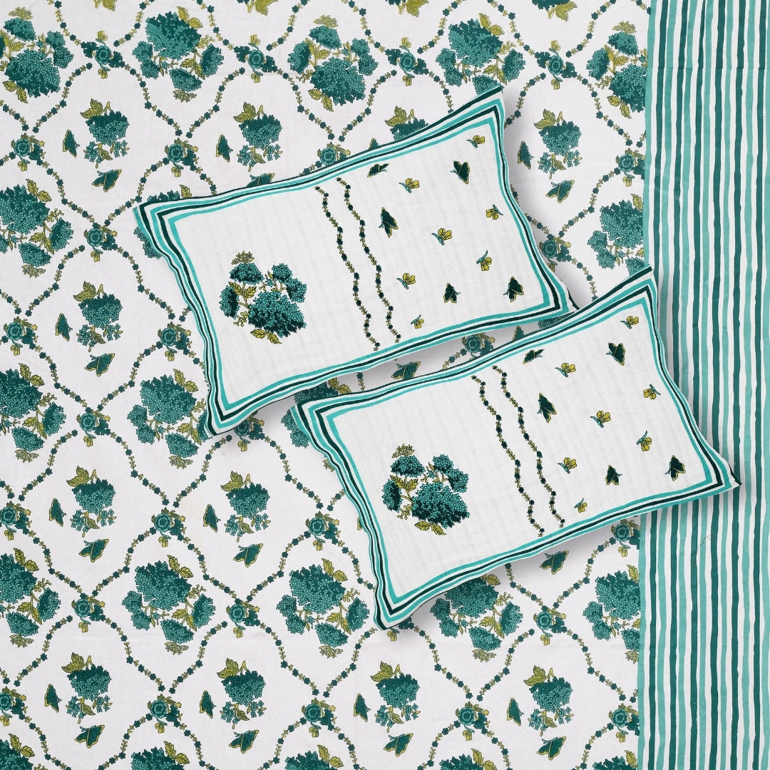 Trellis Bouquet Teal Pure Cotton King Size Bedsheet