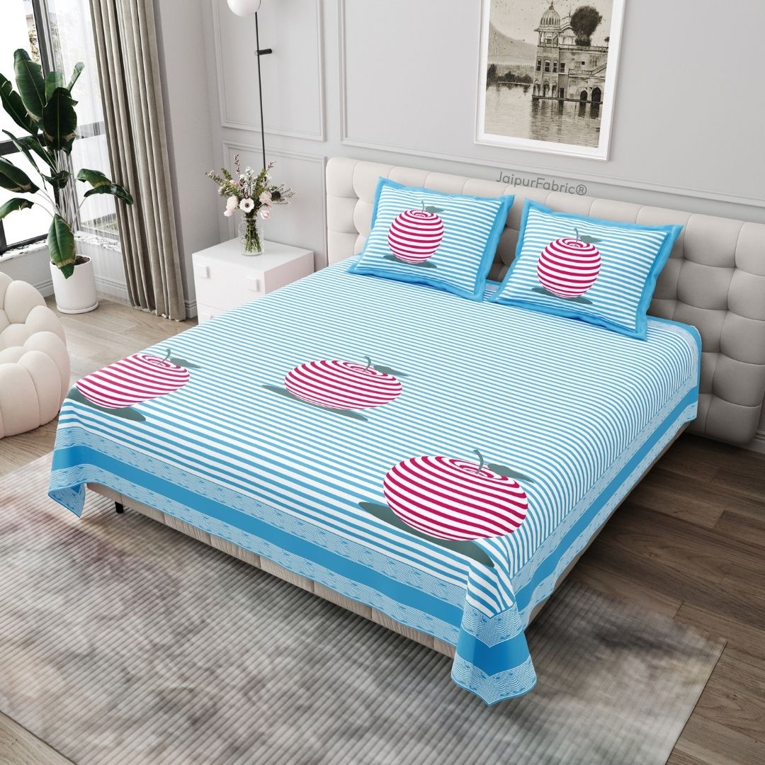Sky Blue Candy Apple Print Pure Cotton King Size Bedsheet