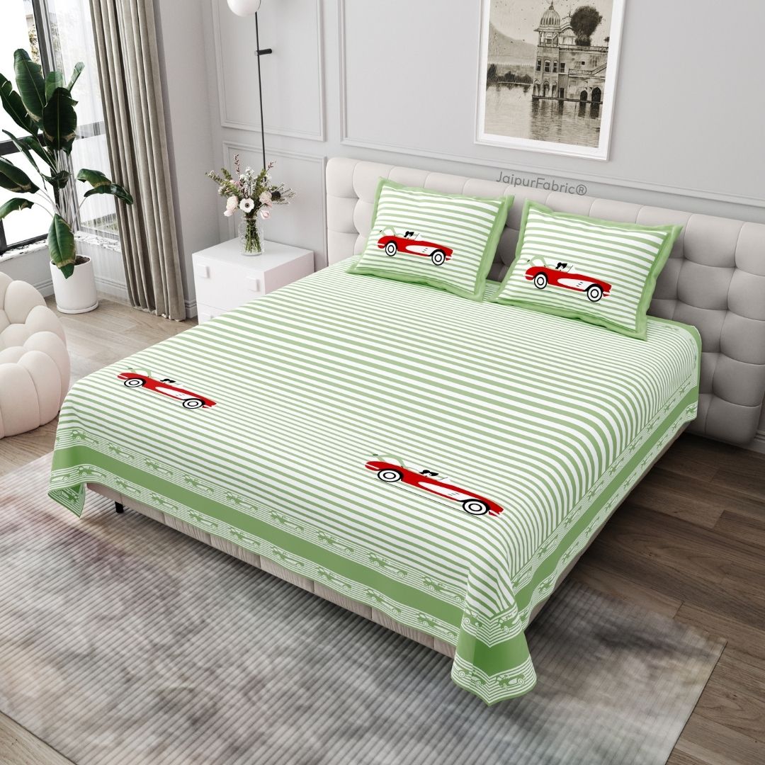 Green Racing Car Print Pure Cotton King Size Bedsheet