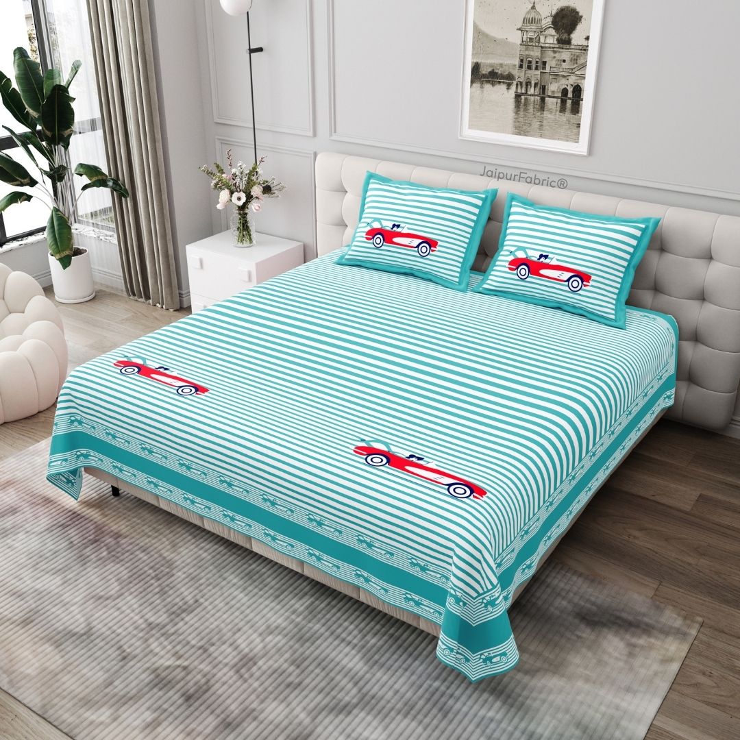 Sky Blue Racing Car Print Pure Cotton King Size Bedsheet
