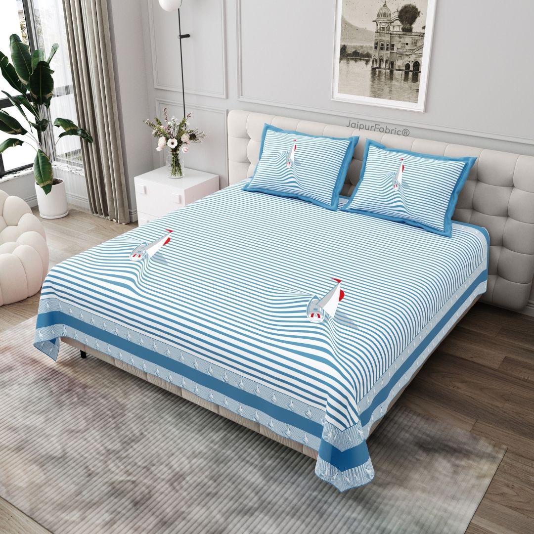 Blue Rocket Print Pure Cotton King Size Bedsheet
