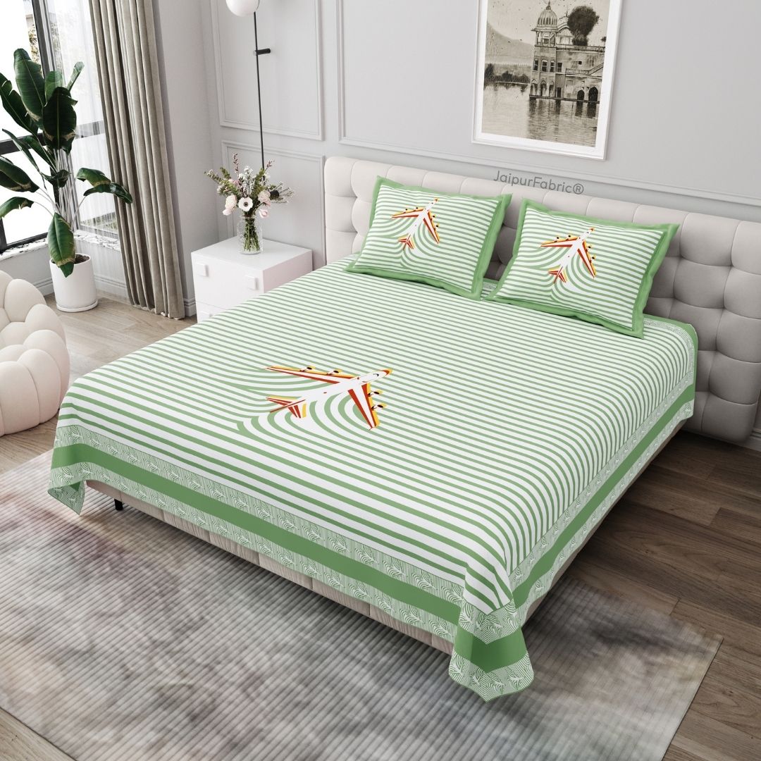 Light Green Paper Plane Print Pure Cotton King Size Bedsheet