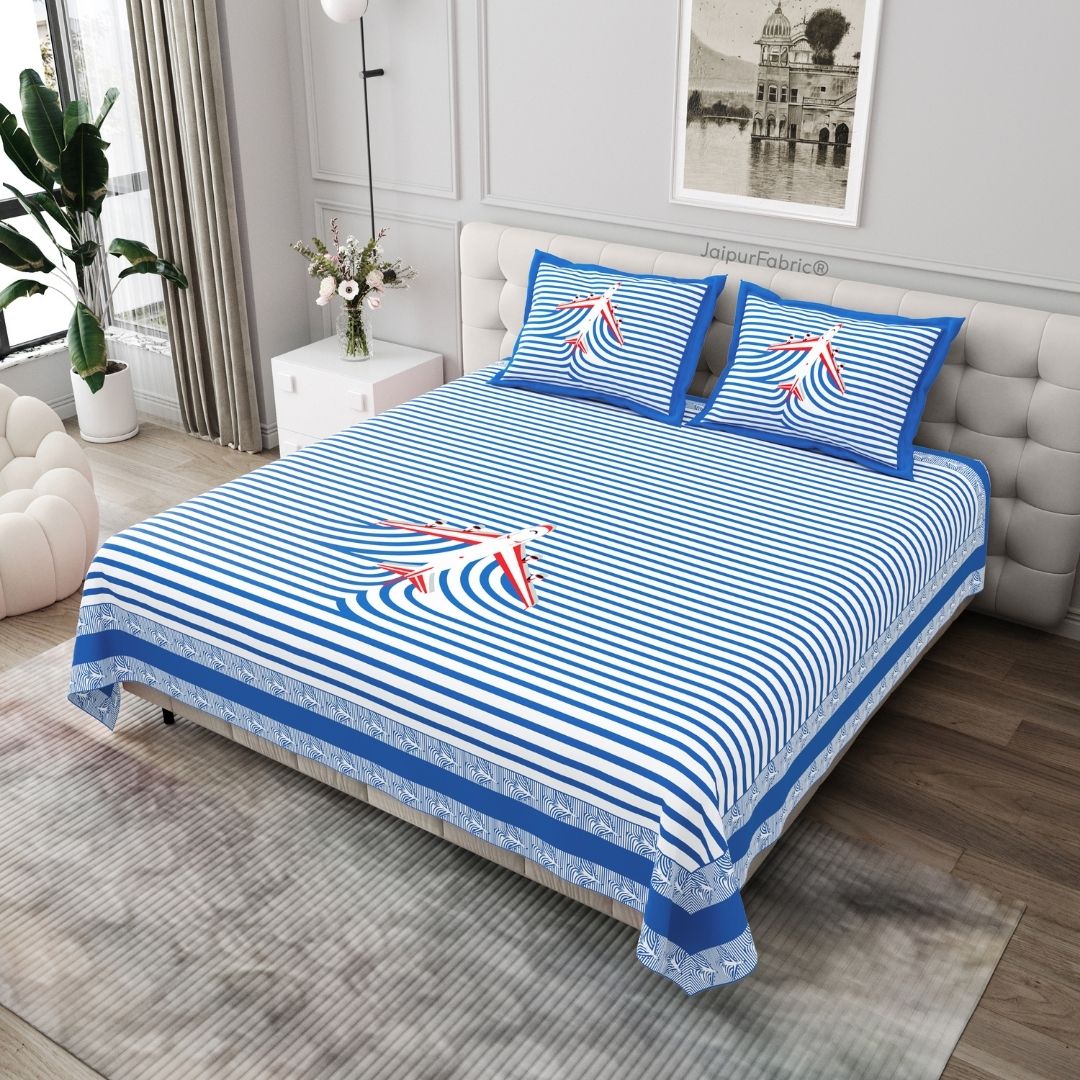 Royal Blue Paper Plane Print Pure Cotton King Size Bedsheet