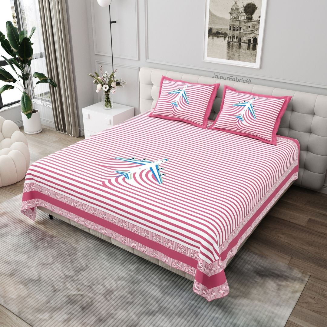 Pink Paper Plane Print Pure Cotton King Size Bedsheet