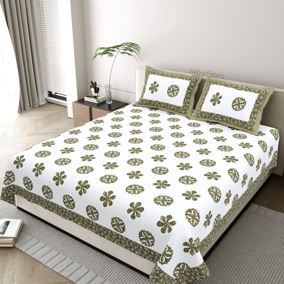 Olive Green Royal Mandala King Size Pure Cotton Bedsheet