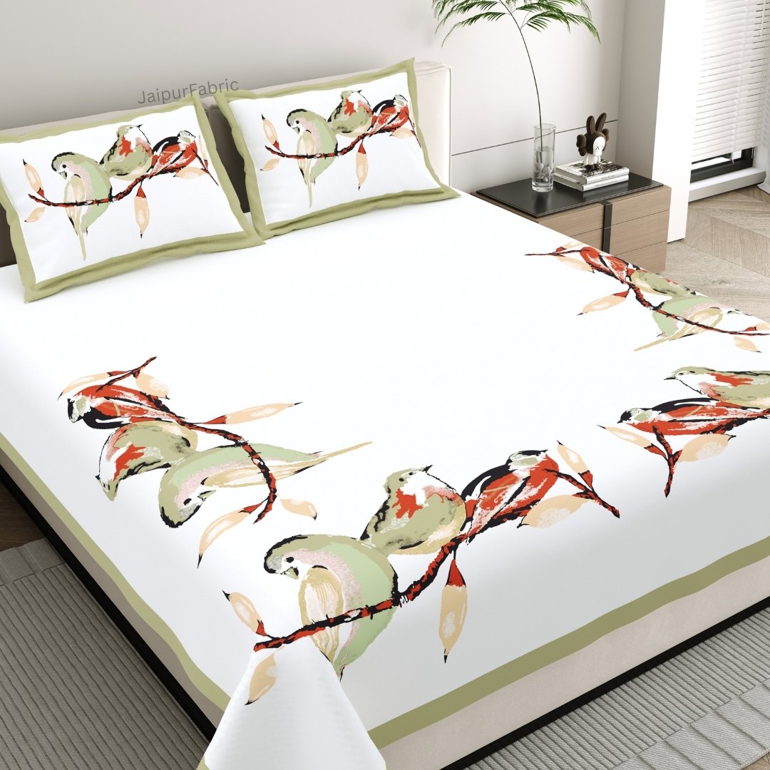 Sage Green Tropical Trio King Size Pure Cotton Bedsheet