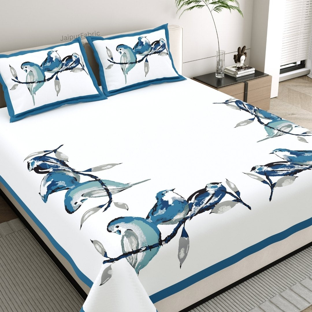 Azure Blue Tropical Trio King Size Pure Cotton Bedsheet