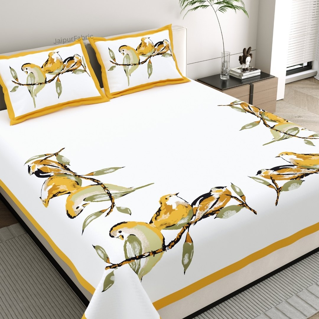Mustard Yellow Birds Harmony King Size Pure Cotton Bedsheet
