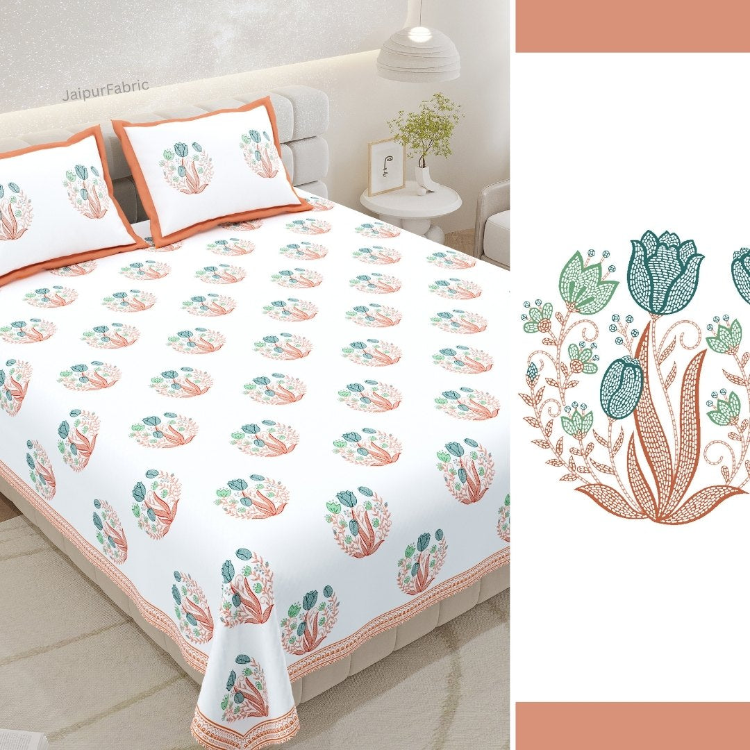Tangerine Orange Tulip Harmony King Size Pure Cotton Bedsheet
