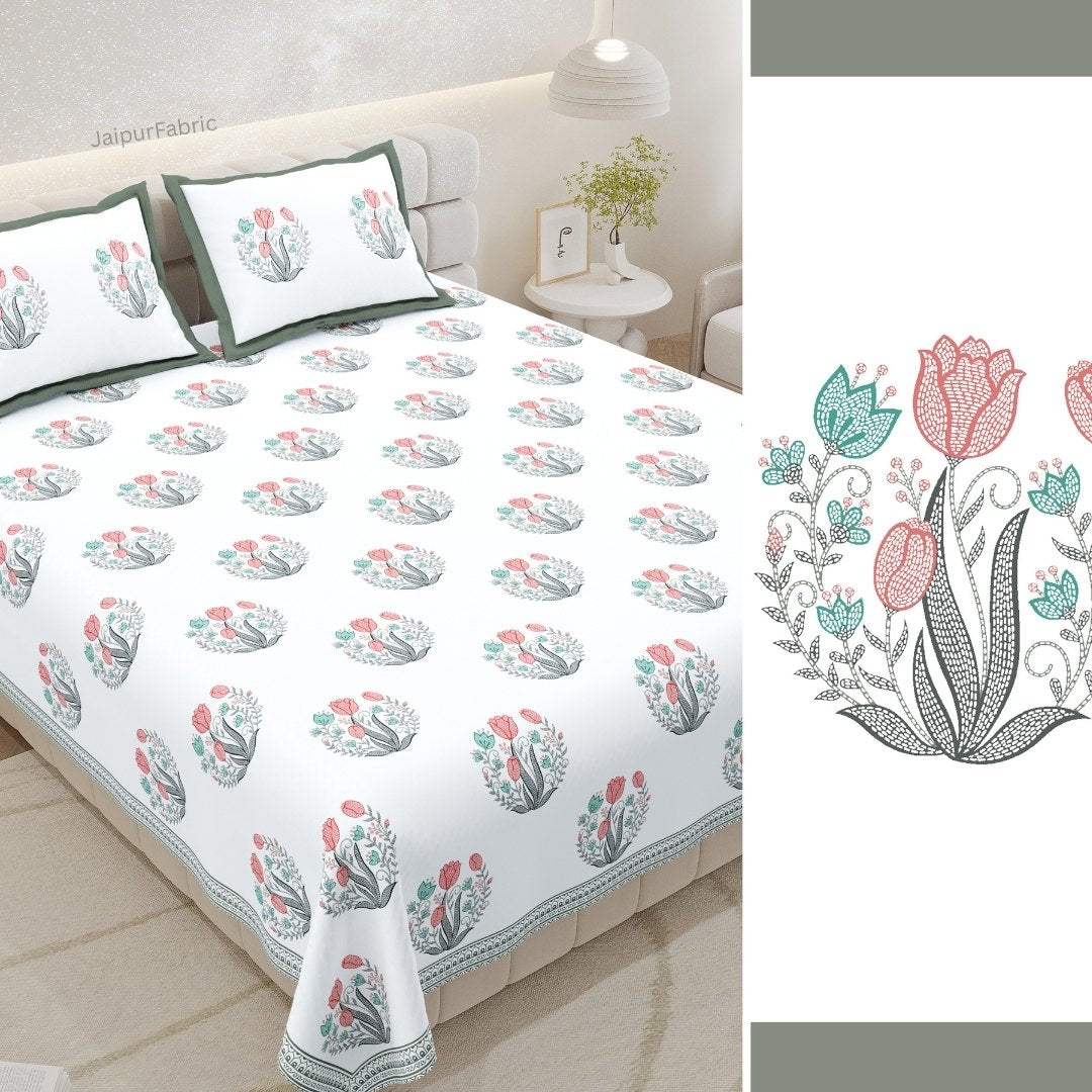 Bottle Green Bunny Meadow King Size Pure Cotton Bedsheet
