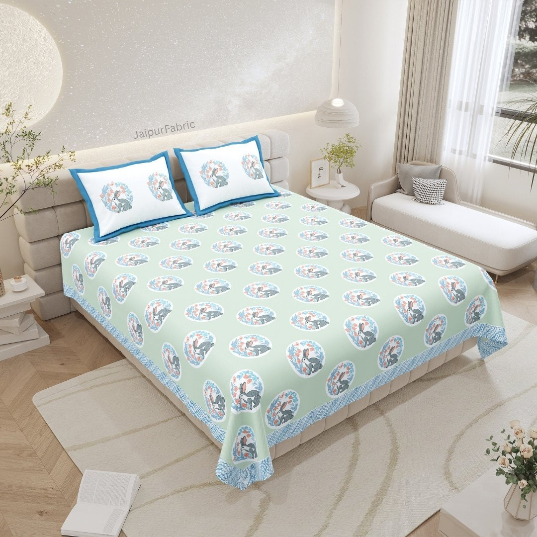 Mint Green Bunny Meadow King Size Pure Cotton Bedsheet