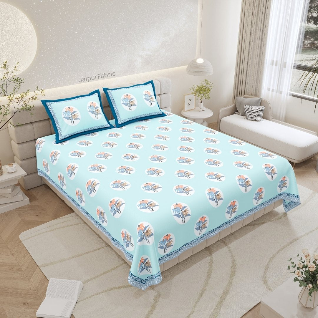 Sky Blue Palm Oasis King Size Pure Cotton Bedsheet