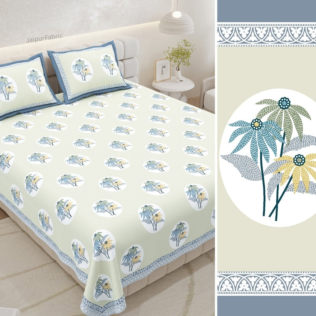 Seafoam Green Garden Oval King Size Pure Cotton Bedsheet