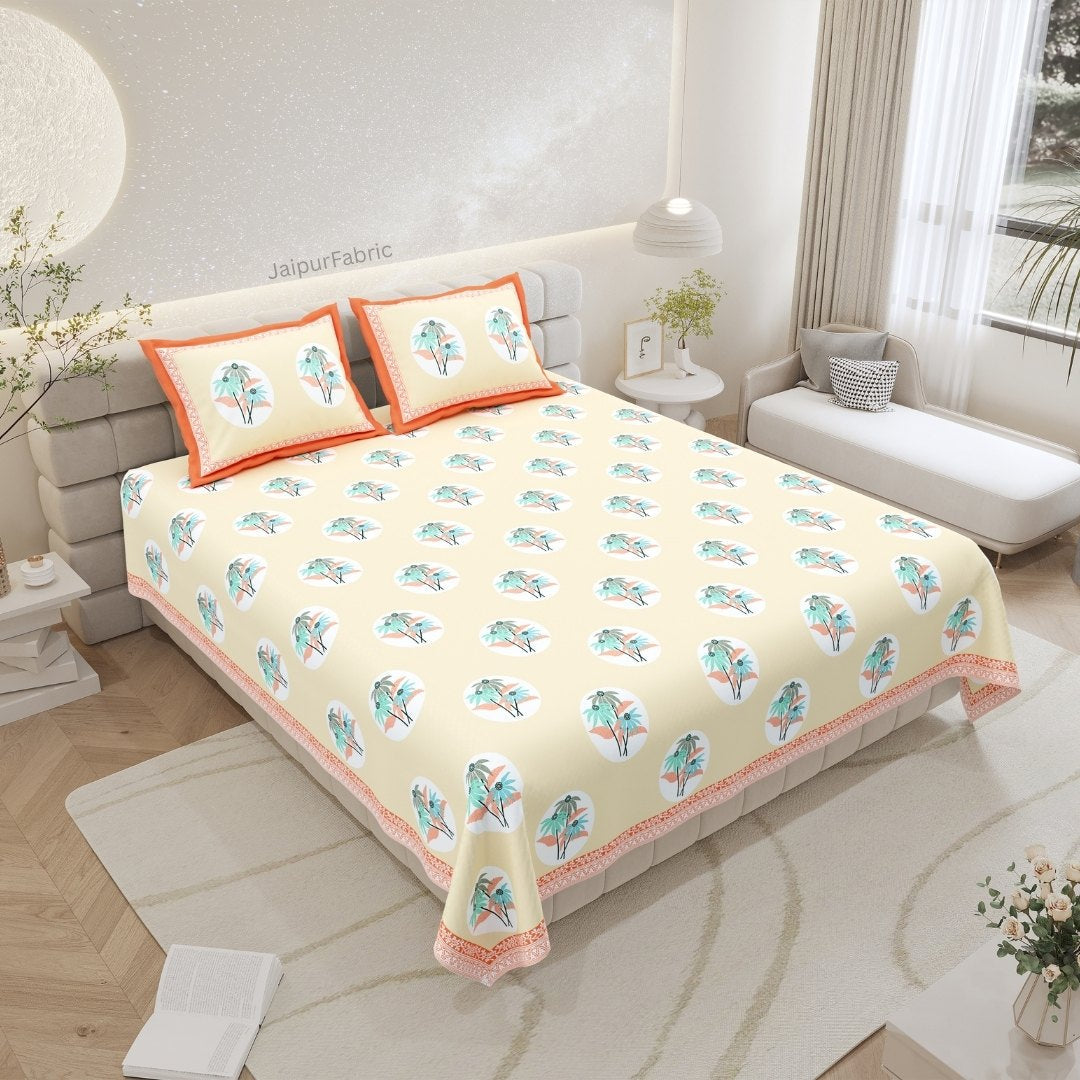 Vanilla Peach Garden Oval King Size Pure Cotton Bedsheet