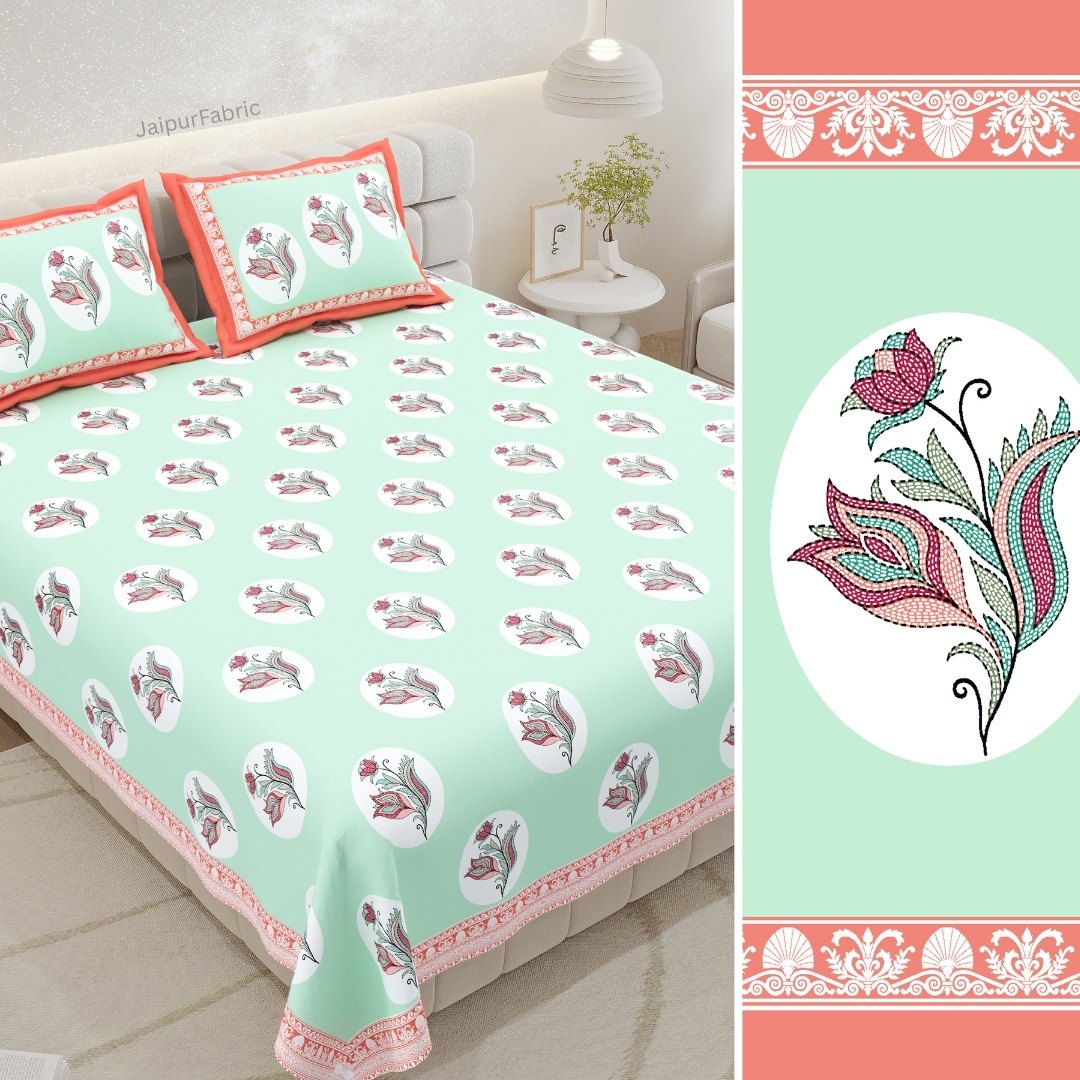 Mint Coral Winter Wonderland King Size Pure Cotton Bedsheet