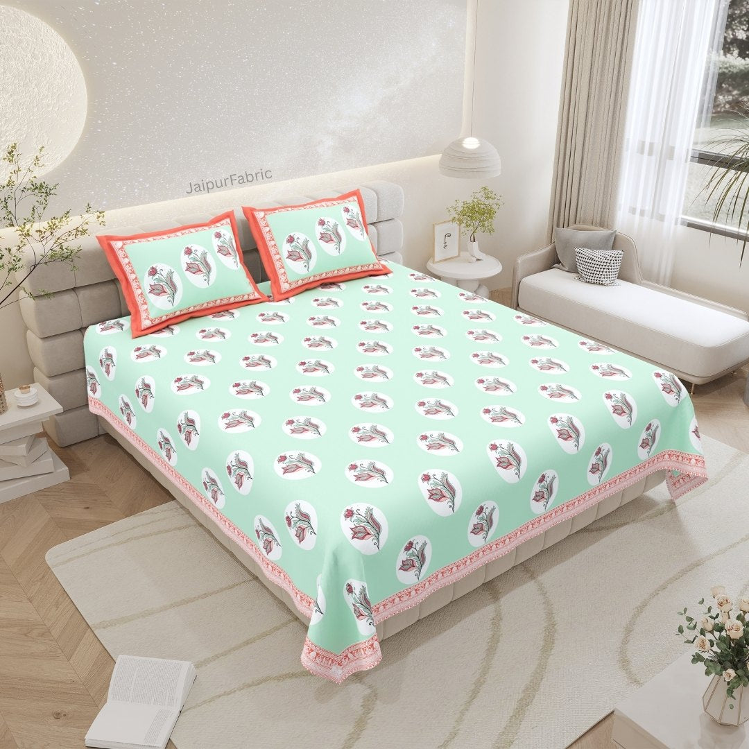 Mint Coral Winter Wonderland King Size Pure Cotton Bedsheet