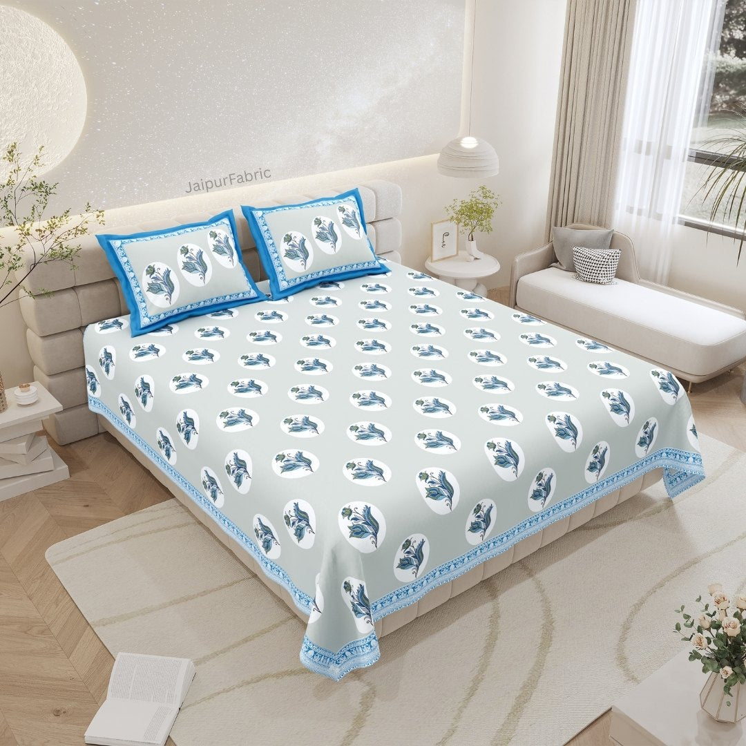 Dove Grey Garden Oval King Size Pure Cotton Bedsheet