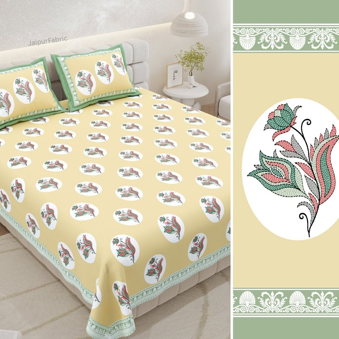 Sunshine Yellow Garden Oval King Size Pure Cotton Bedsheet