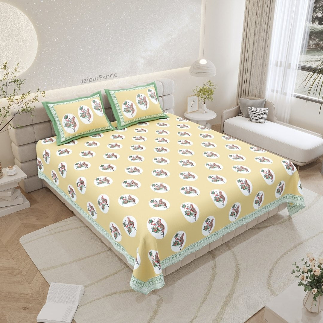 Sunshine Yellow Garden Oval King Size Pure Cotton Bedsheet