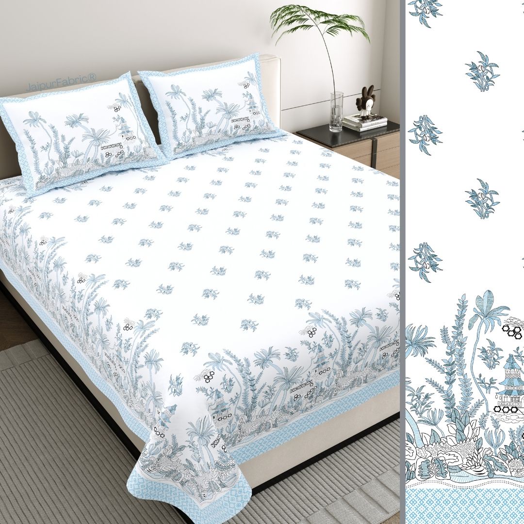 Sky Blue Botanical Paradise Bedsheet | Set of 1 Bedsheet and 2 Pillow Covers (108" X 108")