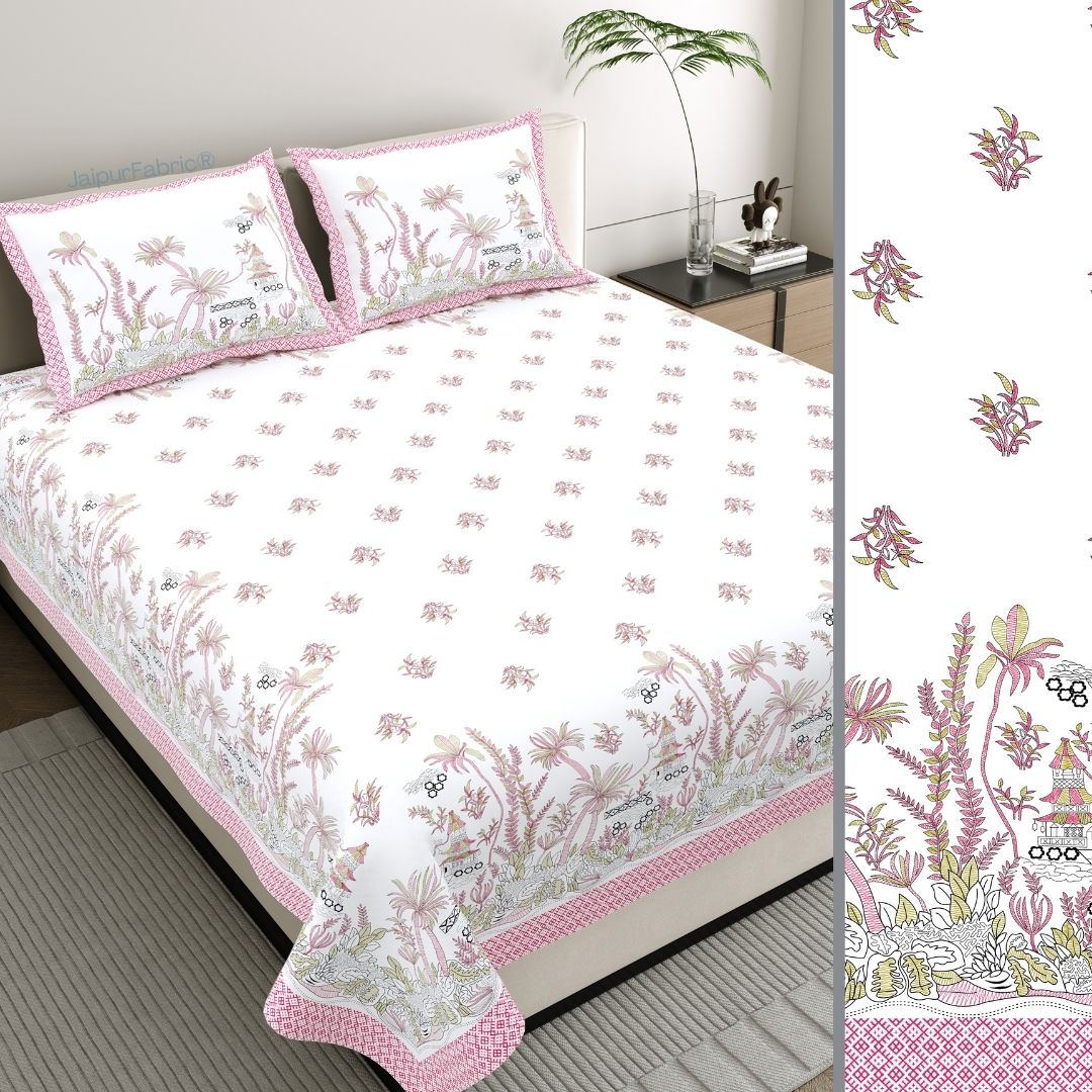 Soft Pink Floral Meadow Bedsheet | Set of 1 Bedsheet and 2 Pillow Covers (108" X 108")