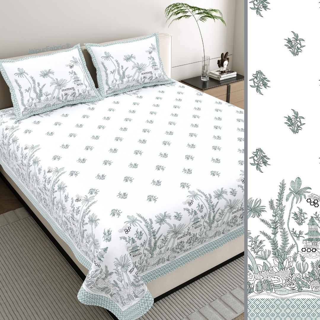 Teal Green Nature Harmony Bedsheet | Set of 1 Bedsheet and 2 Pillow Covers (108" X 108")