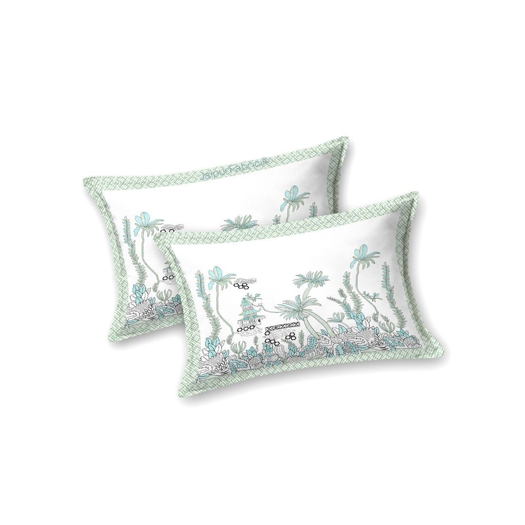 Mint Green Tropical Bliss Bedsheet | Set of 1 Bedsheet and 2 Pillow Covers (108" X 108")