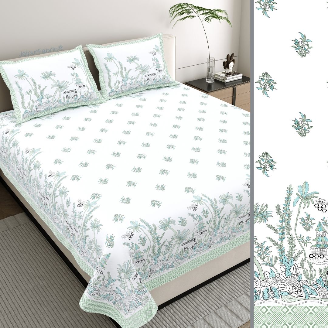 Mint Green Tropical Bliss Bedsheet | Set of 1 Bedsheet and 2 Pillow Covers (108" X 108")