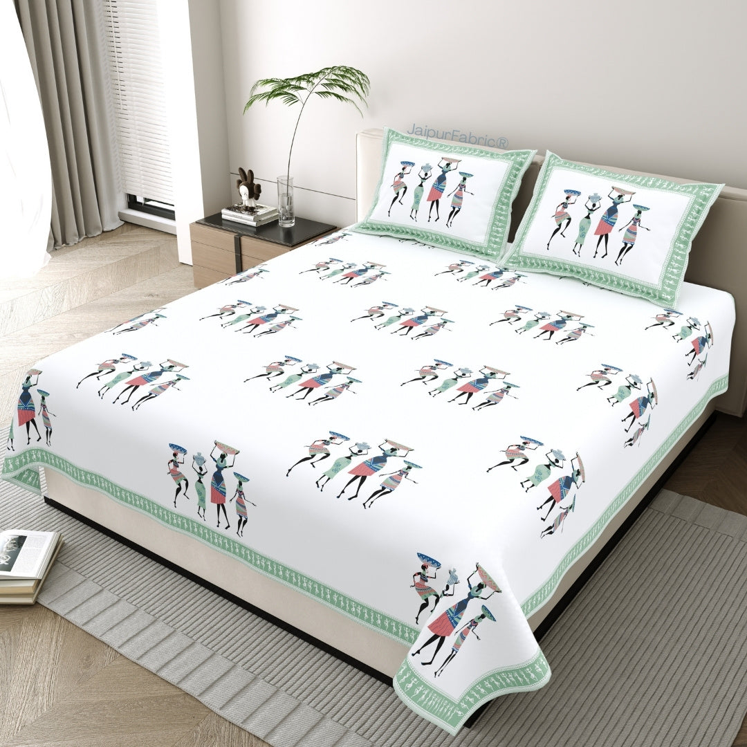 Tribal Folk Art Design Green Essence Pure Cotton Bedsheet