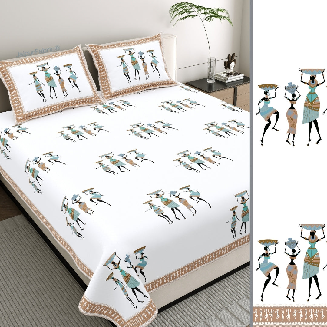 Tribal Folk Art Design Rustic Brown Pure Cotton Bedsheet