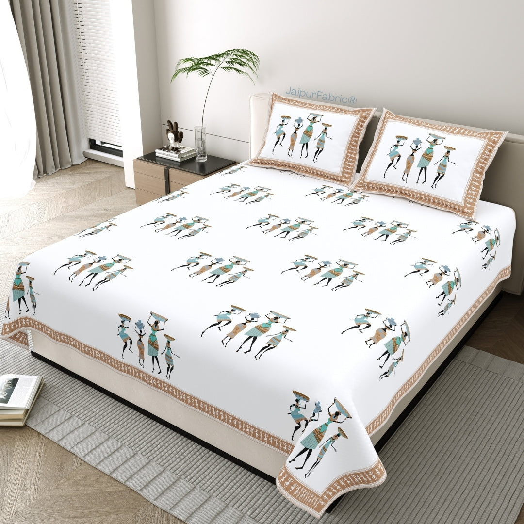 Tribal Folk Art Design Rustic Brown Pure Cotton Bedsheet