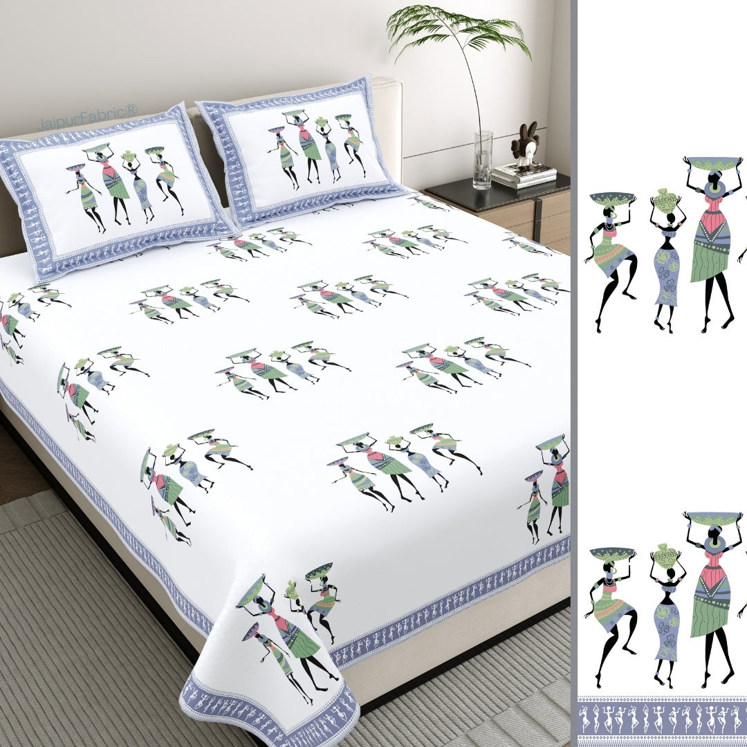 Tribal Folk Art Design Sky Blue Pure Cotton Bedsheet