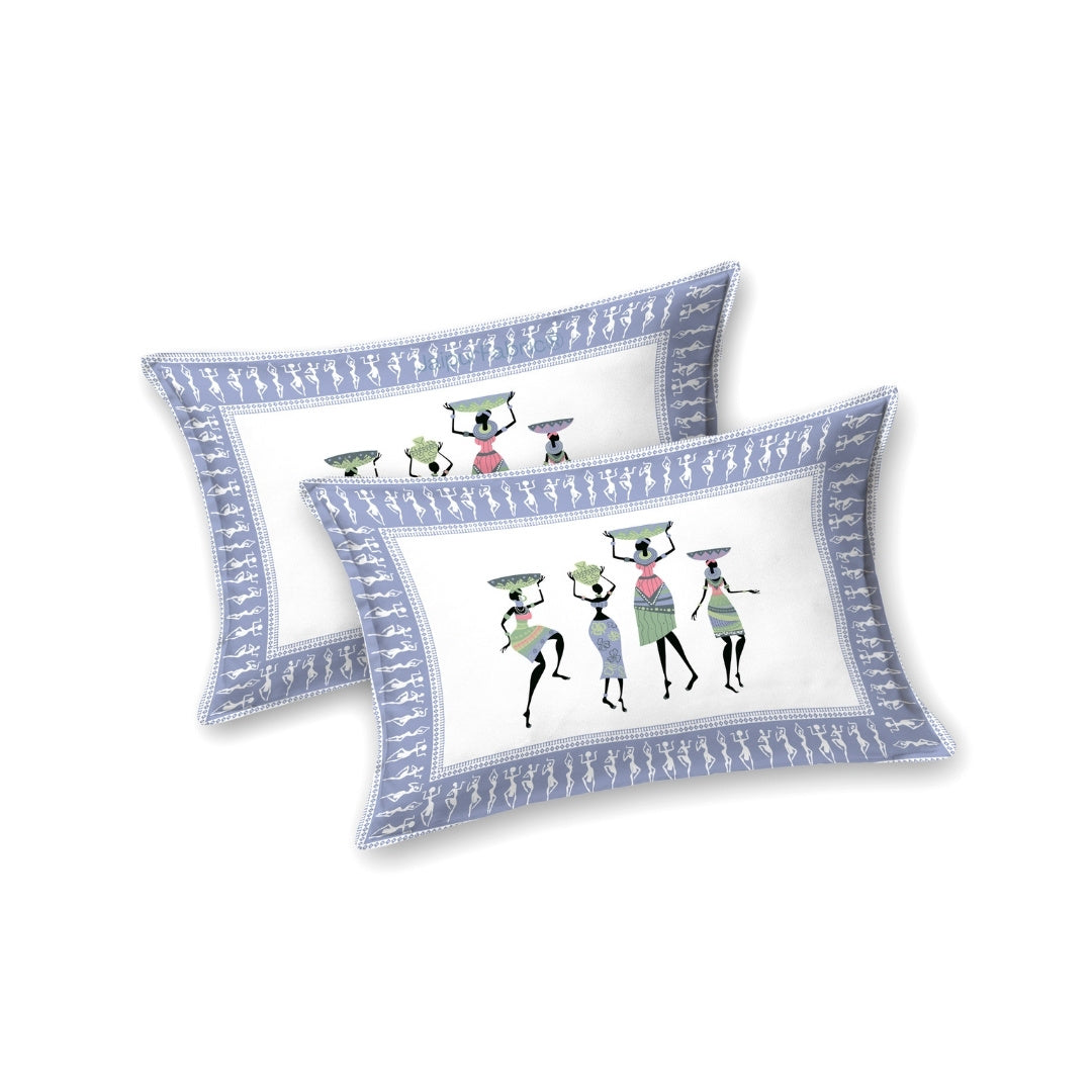 Tribal Folk Art Design Sky Blue Pure Cotton Bedsheet