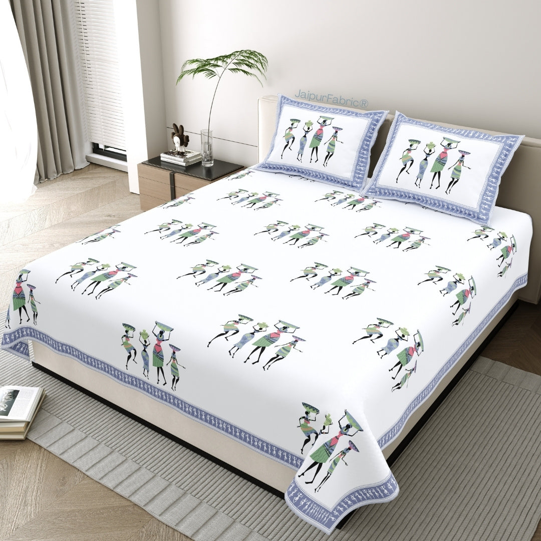 Tribal Folk Art Design Sky Blue Pure Cotton Bedsheet
