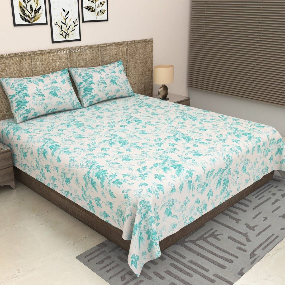 Aqua Leafy Vine Floral Pure Cotton King Size Bedsheet