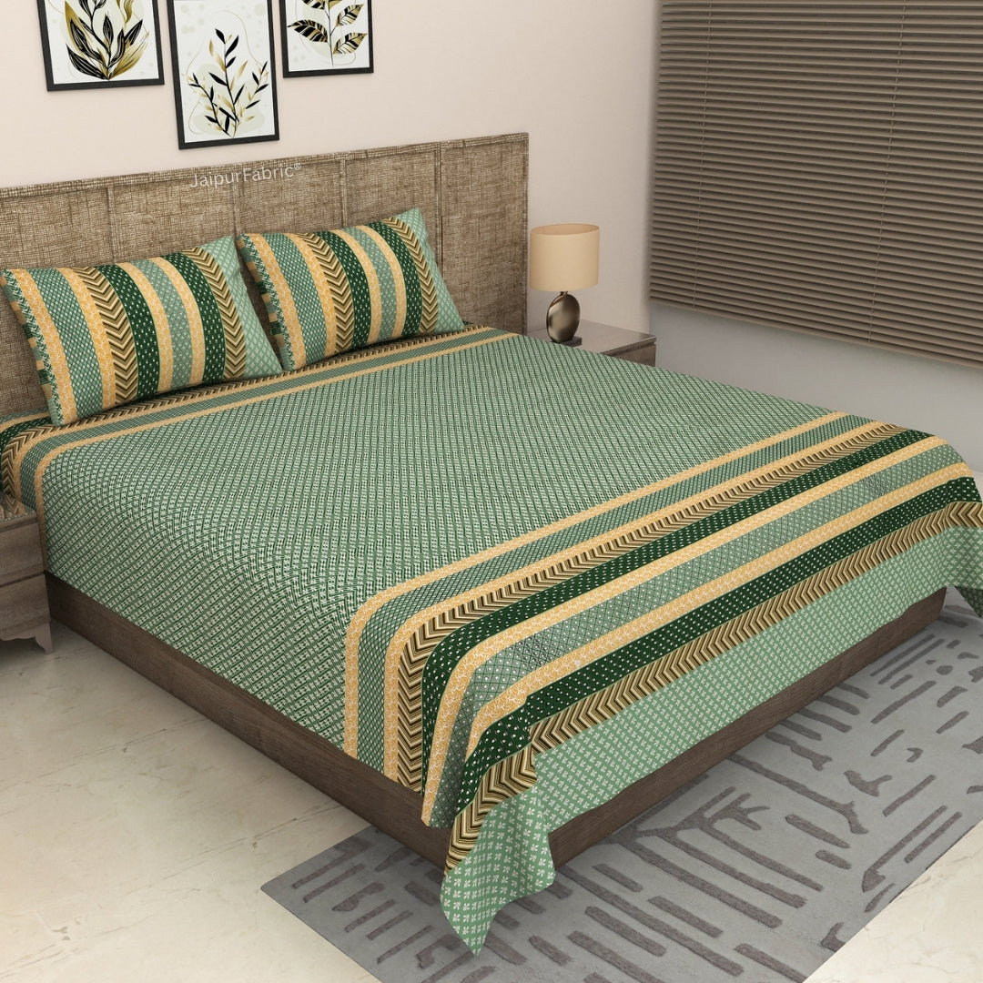 Green & Mustard Geometric Stripe & Chevron Pure Cotton King Size Bedsheet
