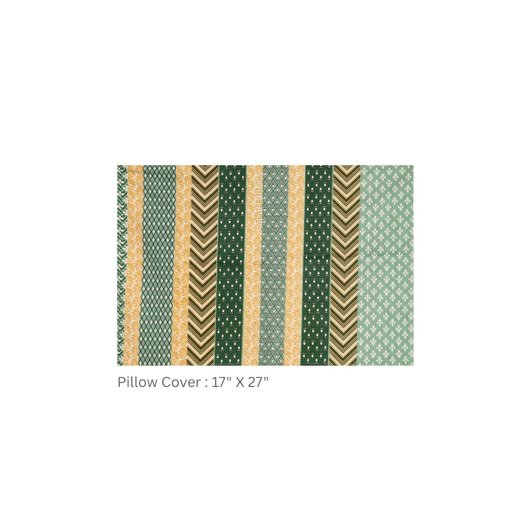 Green & Mustard Geometric Stripe & Chevron Pure Cotton King Size Bedsheet