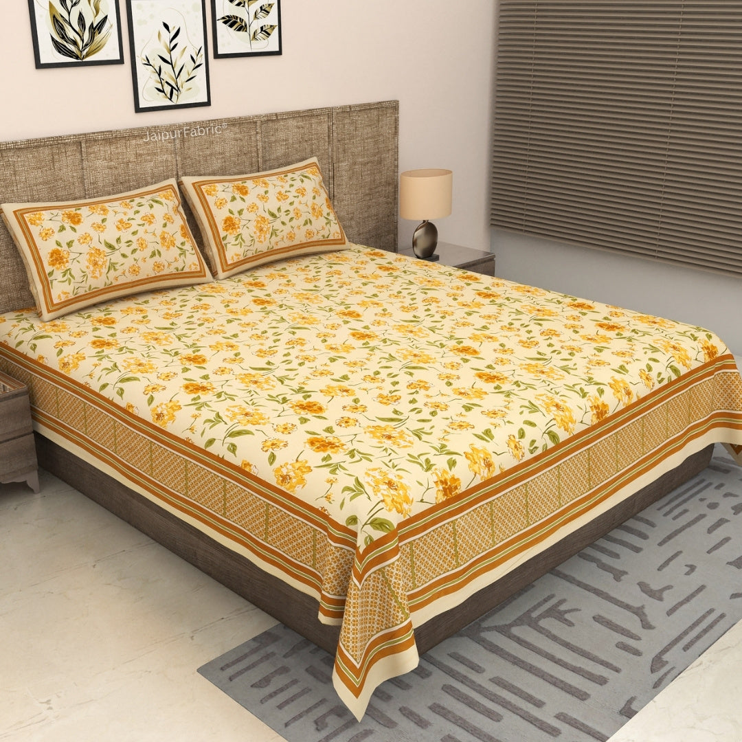 Golden Yellow Scattered Garden Floral Pure Cotton King Size Bedsheet