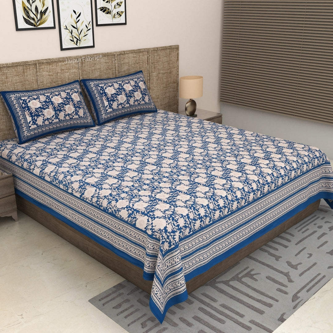 Royal Blue Ethnic Floral Jaal Pure Cotton King Size Bedsheet