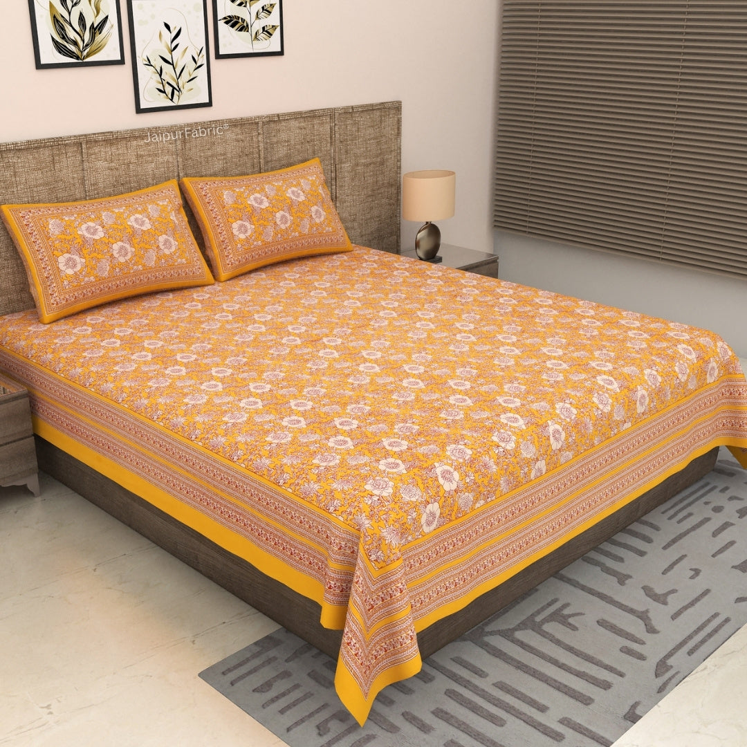 Mustard Yellow Ethnic Floral Jaal Pure Cotton King Size Bedsheet