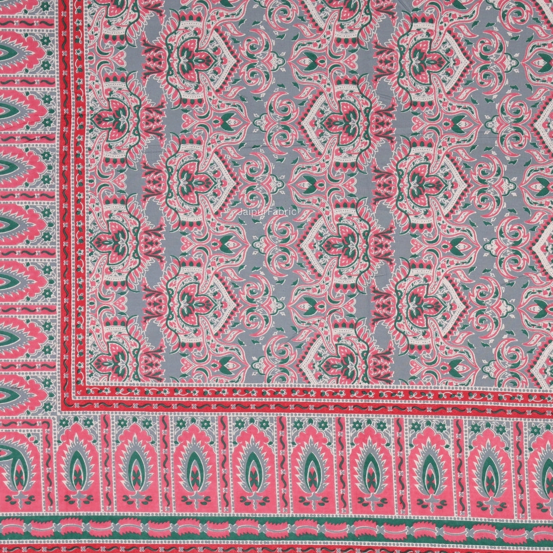 Grey & Pink Traditional Medallion Print Pure Cotton King Size Bedsheet