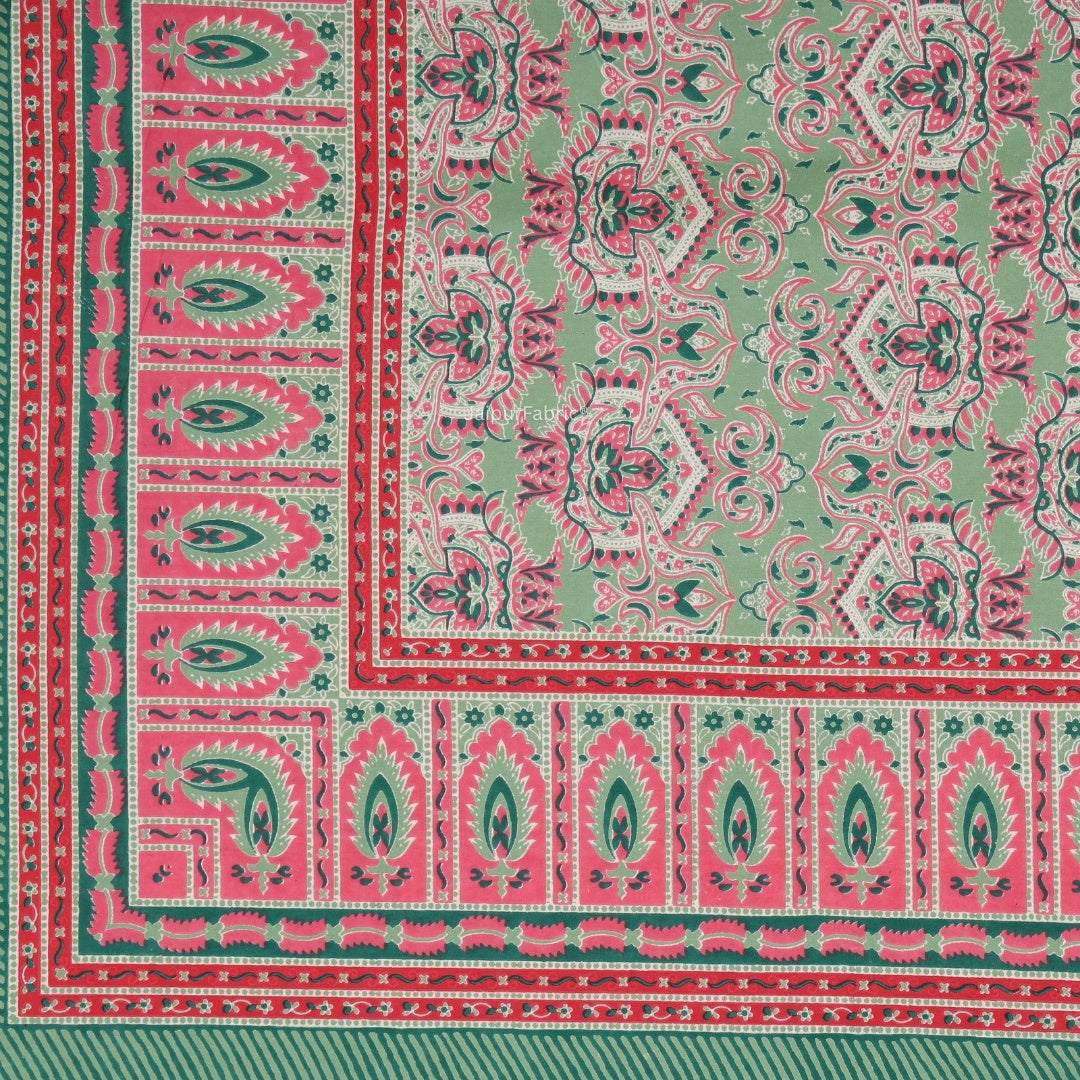 Sage Green & Pink Traditional Medallion Print Pure Cotton King Size Bedsheet