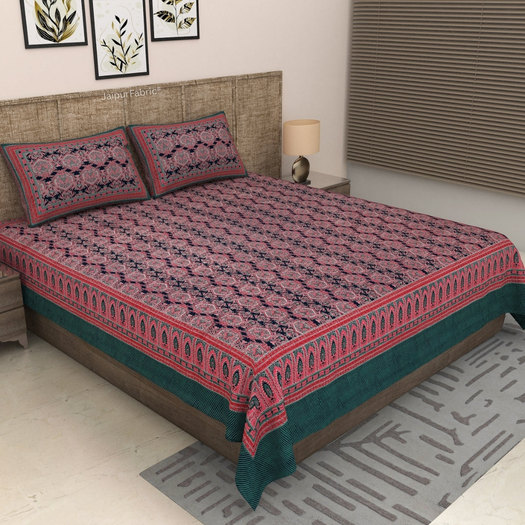 Navy Blue & Wine Traditional Medallion Print Pure Cotton King Size Bedsheet